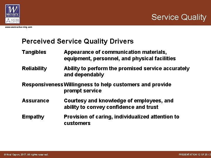 Service Quality www. wessexlearning. com Perceived Service Quality Drivers Tangibles Appearance of communication materials,