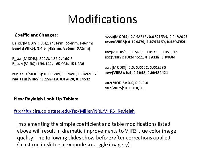 Modifications Coefficient Changes: Bands(MODIS): 3, 4, 1 (466 nm, 554 nm, 646 nm) Bands(VIIRS):