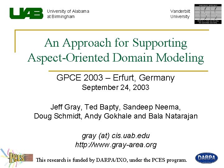 University of Alabama at Birmingham Vanderbilt University An Approach for Supporting Aspect-Oriented Domain Modeling