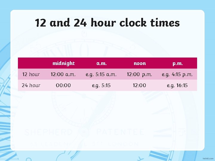 12 and 24 hour clock times midnight a. m. noon p. m. 12 hour