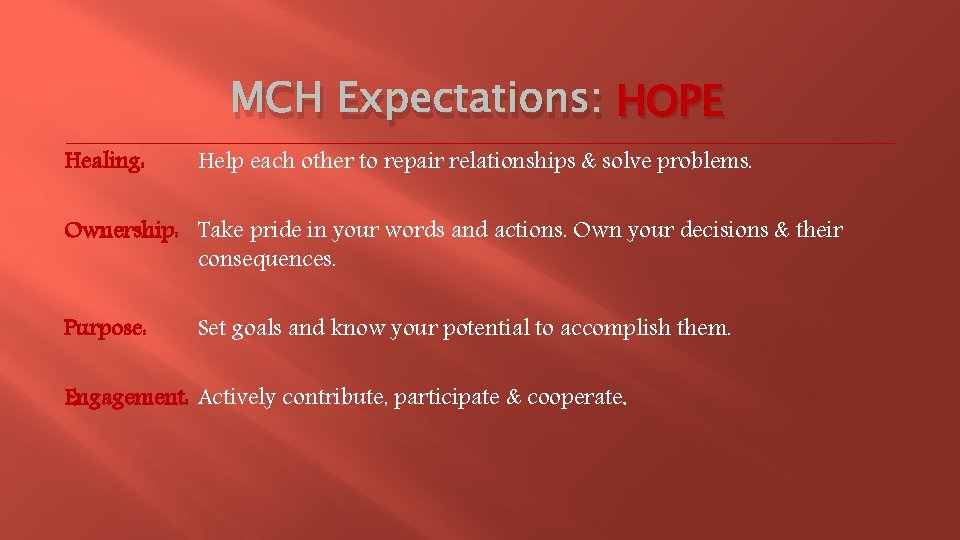 MCH Expectations: HOPE Healing: Help each other to repair relationships & solve problems. Ownership: