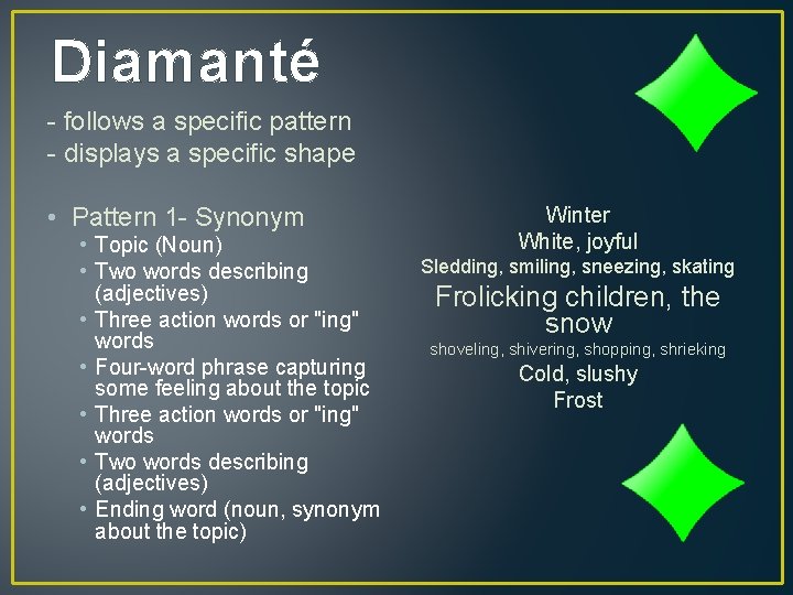 Diamanté - follows a specific pattern - displays a specific shape • Pattern 1