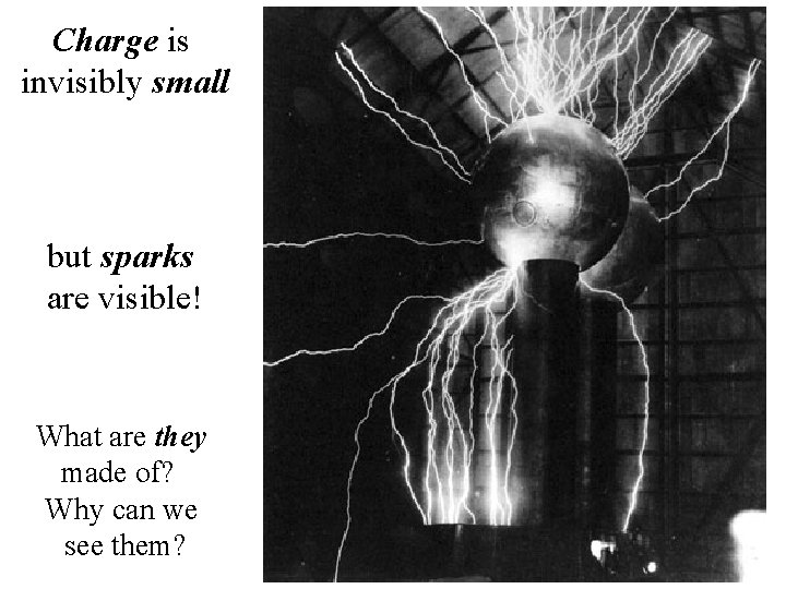 Charge is invisibly small but sparks are visible! What are they made of? Why