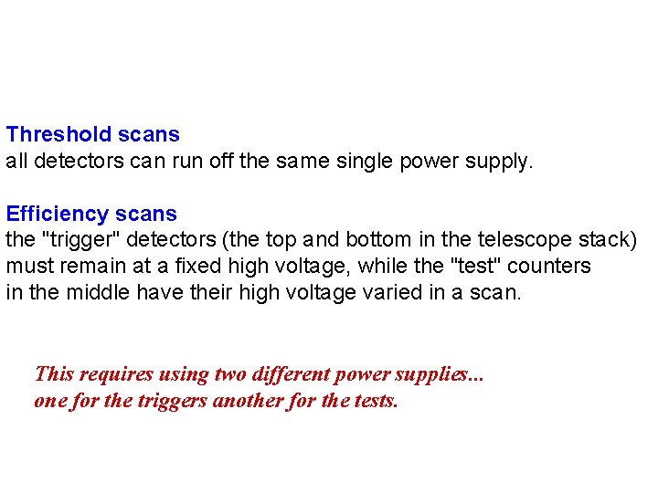 Threshold scans all detectors can run off the same single power supply. Efficiency scans