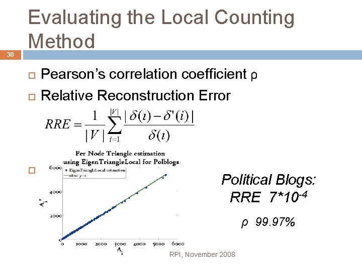 30 Evaluating the Local Counting Method Pearson’s correlation coefficient ρ Relative Reconstruction Error Political