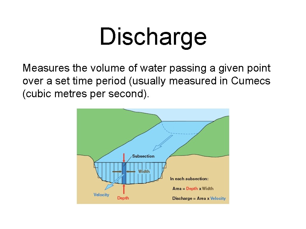 Discharge Measures the volume of water passing a given point over a set time
