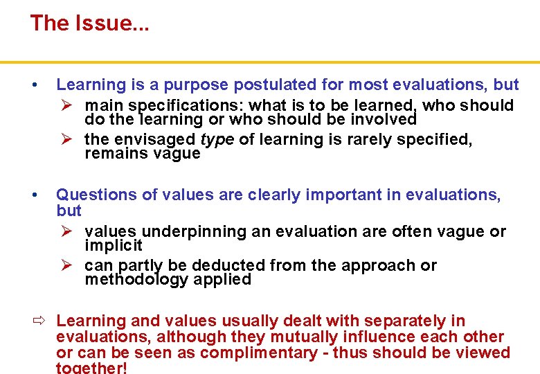 The Issue. . . • Learning is a purpose postulated for most evaluations, but