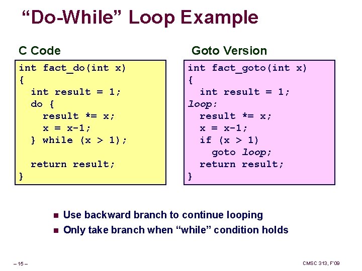 “Do-While” Loop Example C Code Goto Version int fact_do(int x) { int result =