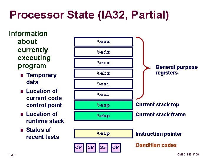 Processor State (IA 32, Partial) Information about currently executing program n n %eax %edx