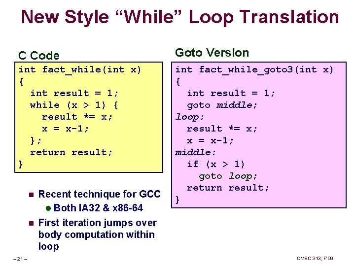 New Style “While” Loop Translation C Code Goto Version int fact_while(int x) { int