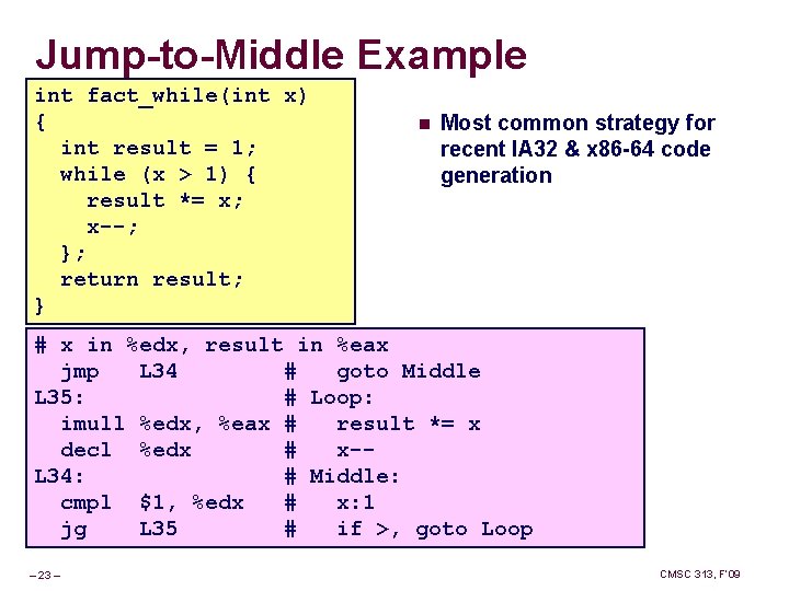 Jump-to-Middle Example int fact_while(int x) { int result = 1; while (x > 1)