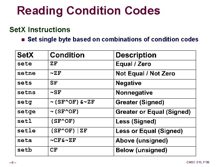 Reading Condition Codes Set. X Instructions n – 6– Set single byte based on