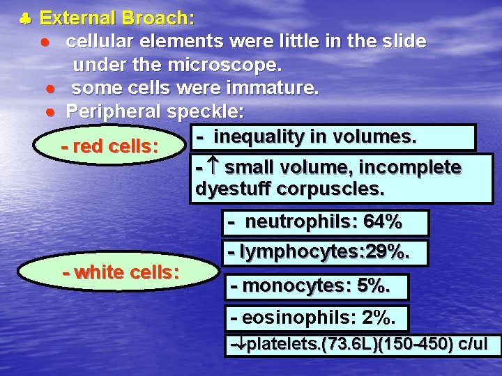  External Broach: cellular elements were little in the slide under the microscope. some