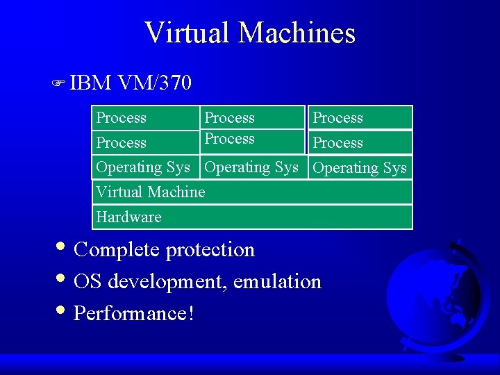 Virtual Machines F IBM VM/370 Process Process Operating Sys Virtual Machine Hardware • Complete