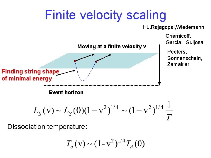Finite velocity scaling HL, Rajagopal, Wiedemann Moving at a finite velocity v Finding string