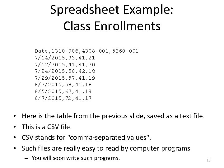 Spreadsheet Example: Class Enrollments Date, 1310 -006, 4308 -001, 5360 -001 7/14/2015, 33, 41,