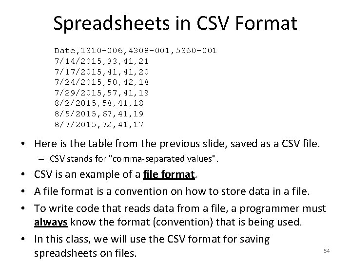 Spreadsheets in CSV Format Date, 1310 -006, 4308 -001, 5360 -001 7/14/2015, 33, 41,