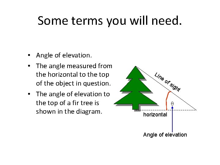 Some terms you will need. • Angle of elevation. • The angle measured from