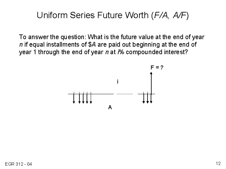 Uniform Series Future Worth (F/A, A/F) To answer the question: What is the future