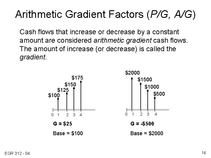 Arithmetic Gradient Factors (P/G, A/G) Cash flows that increase or decrease by a constant
