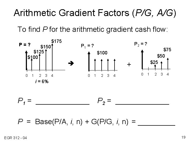 Arithmetic Gradient Factors (P/G, A/G) To find P for the arithmetic gradient cash flow: