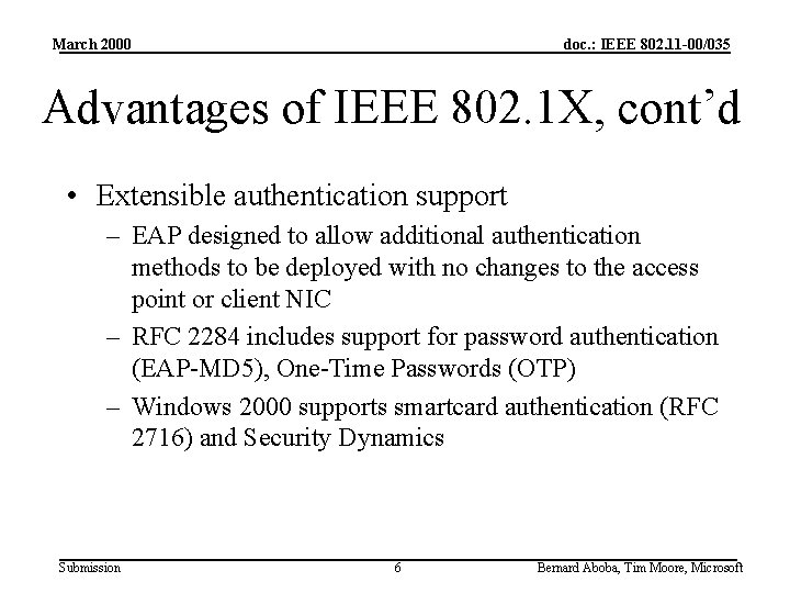 March 2000 doc. : IEEE 802. 11 -00/035 Advantages of IEEE 802. 1 X,