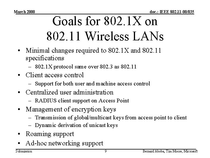 March 2000 doc. : IEEE 802. 11 -00/035 Goals for 802. 1 X on