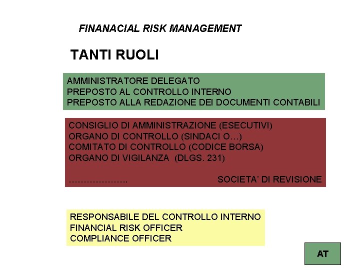 FINANACIAL RISK MANAGEMENT TANTI RUOLI AMMINISTRATORE DELEGATO PREPOSTO AL CONTROLLO INTERNO PREPOSTO ALLA REDAZIONE