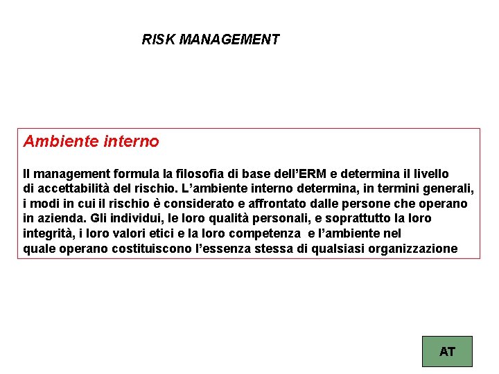 RISK MANAGEMENT Ambiente interno Il management formula la filosofia di base dell’ERM e determina