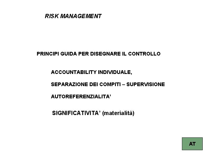 RISK MANAGEMENT PRINCIPI GUIDA PER DISEGNARE IL CONTROLLO ACCOUNTABILITY INDIVIDUALE, SEPARAZIONE DEI COMPITI –