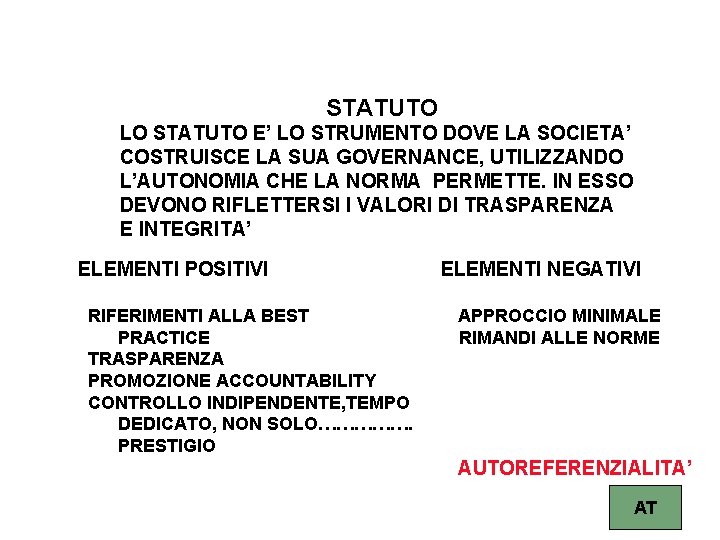 STATUTO LO STATUTO E’ LO STRUMENTO DOVE LA SOCIETA’ COSTRUISCE LA SUA GOVERNANCE, UTILIZZANDO