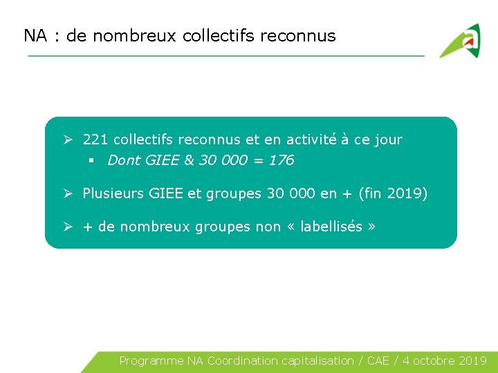 NA : de nombreux collectifs reconnus 221 collectifs reconnus et en activité à ce