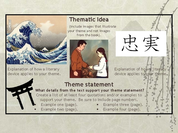 Thematic Idea (include images that illustrate your theme and not images from the book).