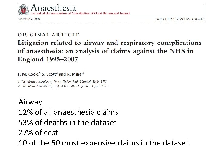 Airway 12% of all anaesthesia claims 53% of deaths in the dataset 27% of