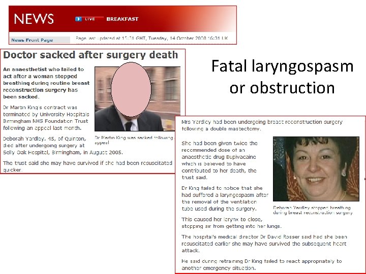 Fatal laryngospasm or obstruction 