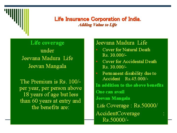 Life Insurance Corporation of India. Adding Value to Life coverage under Jeevana Madura Life