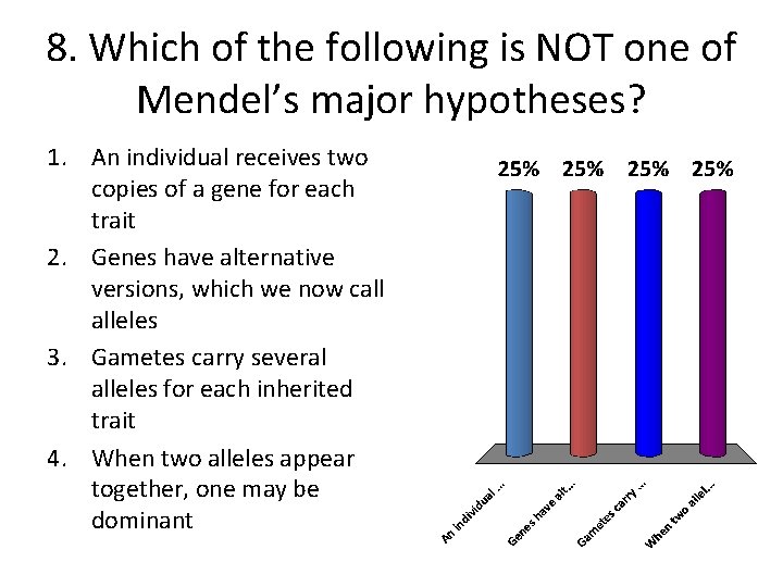 8. Which of the following is NOT one of Mendel’s major hypotheses? 1. An