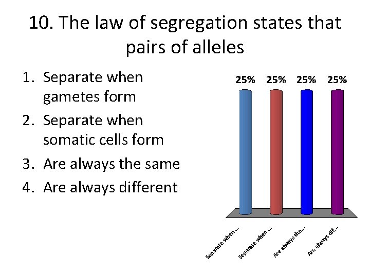10. The law of segregation states that pairs of alleles 1. Separate when gametes