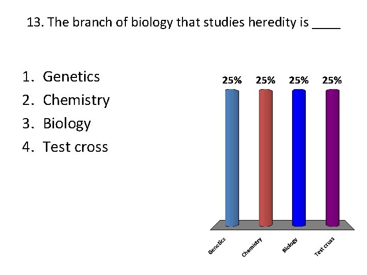 13. The branch of biology that studies heredity is ____ 1. 2. 3. 4.