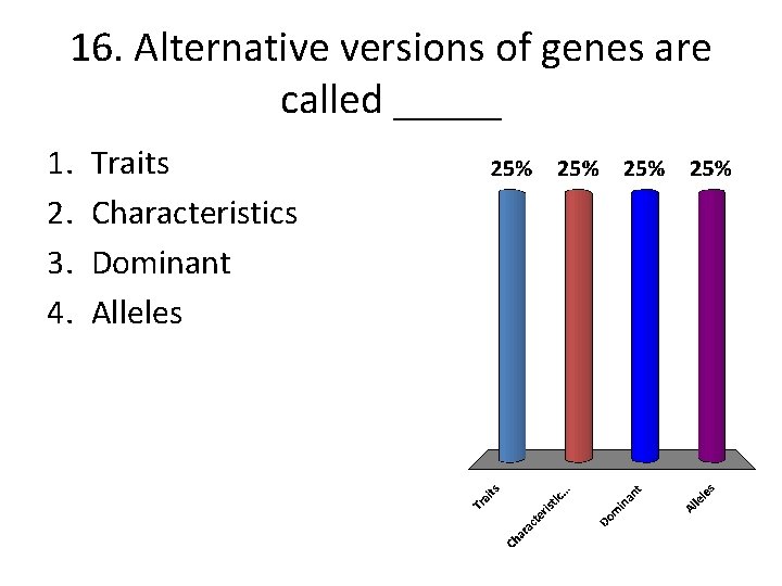 16. Alternative versions of genes are called _____ 1. 2. 3. 4. Traits Characteristics