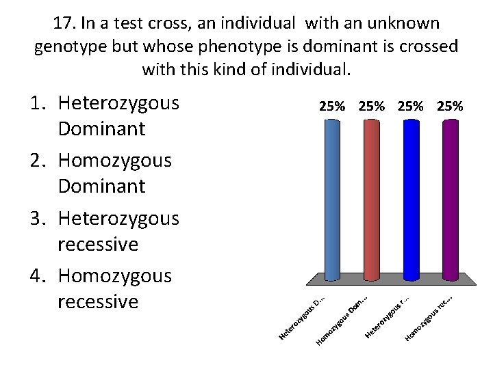 17. In a test cross, an individual with an unknown genotype but whose phenotype