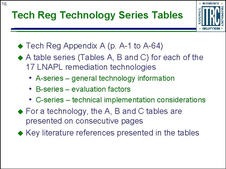16 Tech Reg Technology Series Tables Tech Reg Appendix A (p. A-1 to A-64)