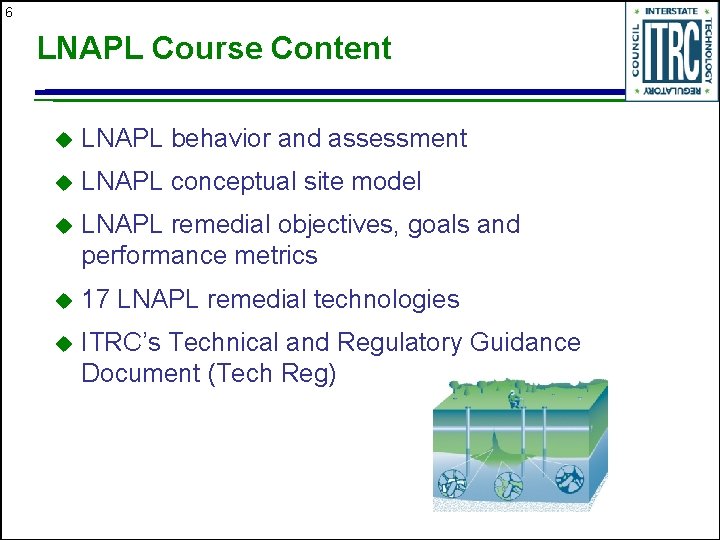 6 LNAPL Course Content u LNAPL behavior and assessment u LNAPL conceptual site model