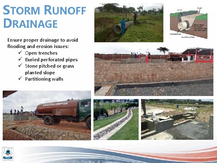 STORM RUNOFF DRAINAGE Ensure proper drainage to avoid flooding and erosion issues: ü Open