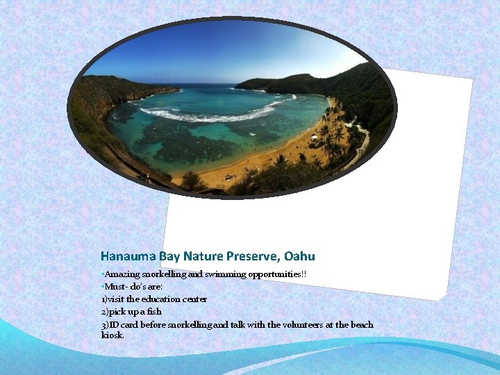 Hanauma Bay Nature Preserve, Oahu • Amazing snorkelling and swimming opportunities!! • Must- do’s