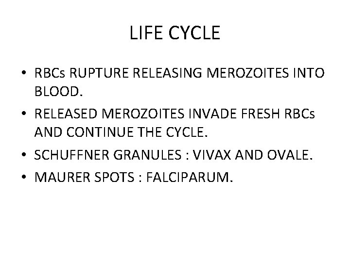 LIFE CYCLE • RBCs RUPTURE RELEASING MEROZOITES INTO BLOOD. • RELEASED MEROZOITES INVADE FRESH