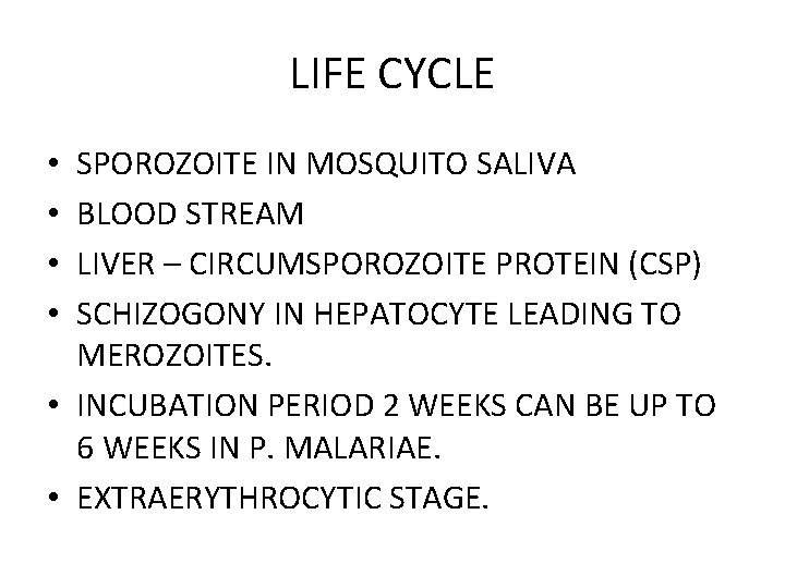 LIFE CYCLE SPOROZOITE IN MOSQUITO SALIVA BLOOD STREAM LIVER – CIRCUMSPOROZOITE PROTEIN (CSP) SCHIZOGONY