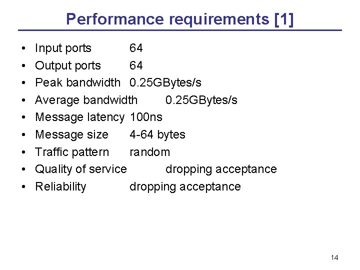 Performance requirements [1] • • • Input ports 64 Output ports 64 Peak bandwidth