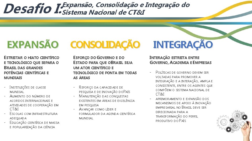 Desafio I: Expansão, Consolidação e Integração do Sistema Nacional de CT&I EXPANSÃO ESTREITAR O