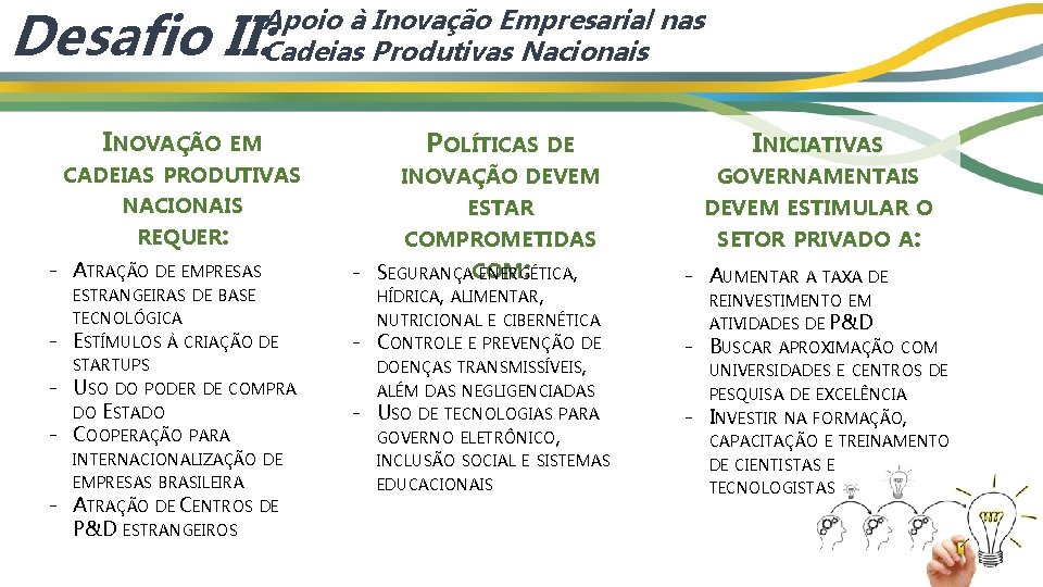 Desafio II: Apoio à Inovação Empresarial nas Cadeias Produtivas Nacionais INOVAÇÃO EM POLÍTICAS DE